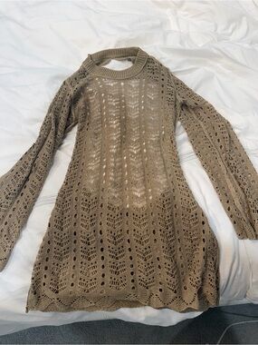 Women's Taupe Open-Knit Long Sleeve Dress